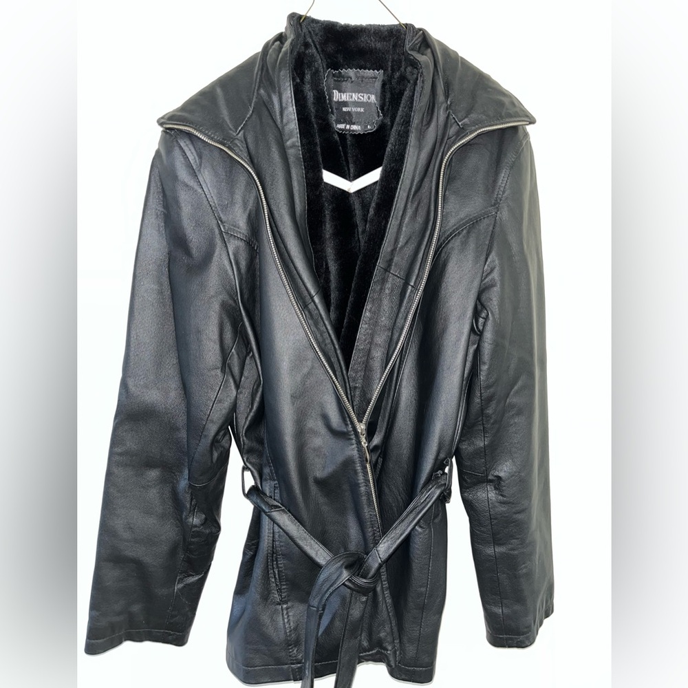 Dimension Women's Black Leather Belted Jacket